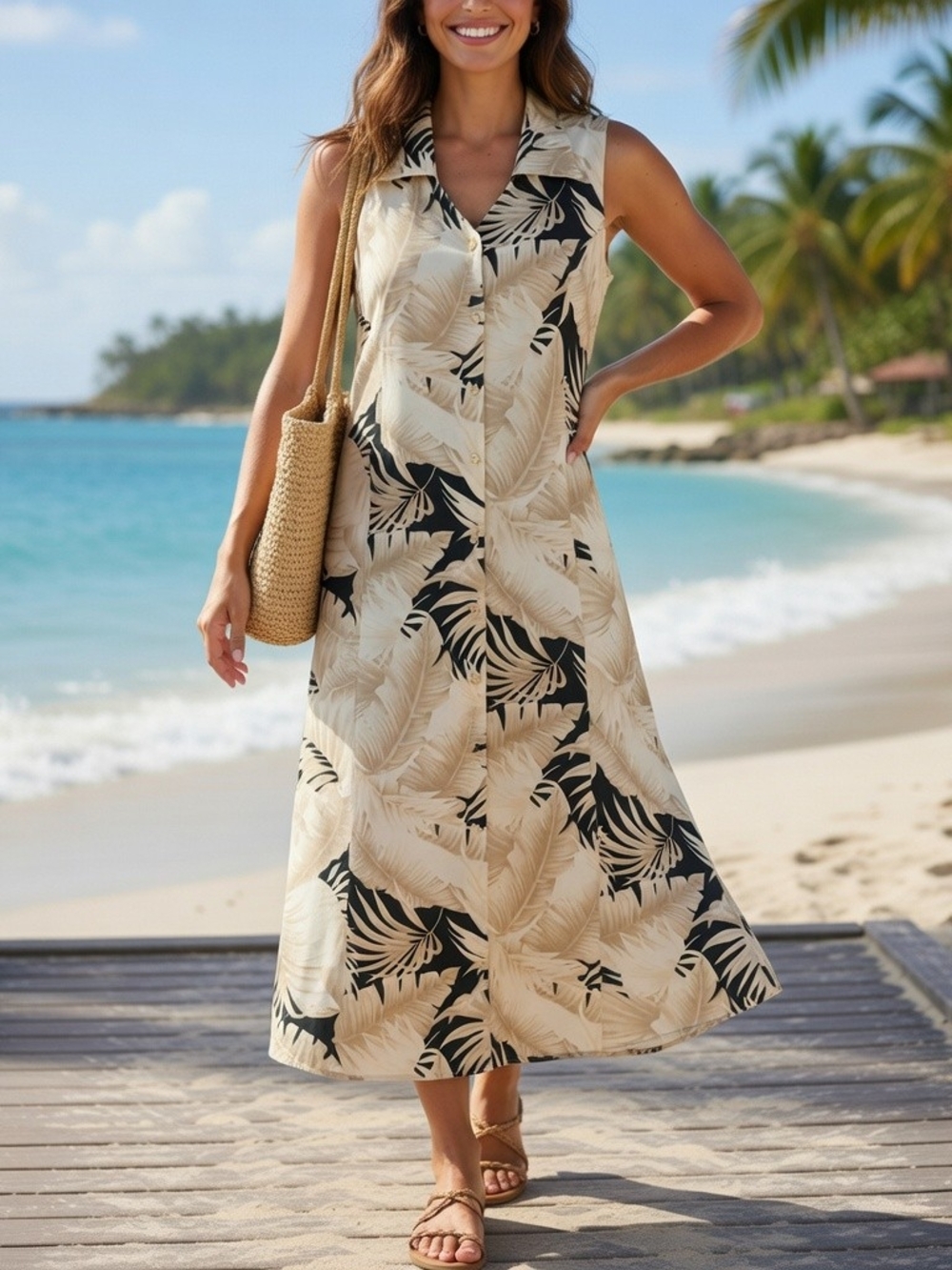 Hiroko 90's Sleeveless Tan & Black Tropical Print Button-Front Maxi Dress XL